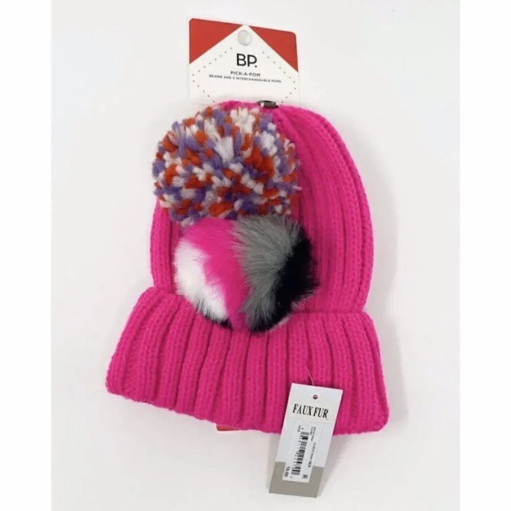 Nordstrom BP. Interchangeable Pom Beanie One Size Pink Ribbed Cuff